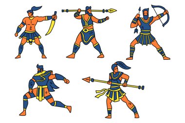 Antik Roma giysileri giymiş bir grup adam bir dizi çizimde resmedilmiştir. Kılıç ve mızrak da dahil olmak üzere hepsi silah taşıyor ve çeşitli pozlarda duruyorlar.