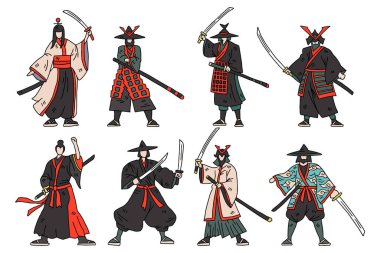 Geleneksel Japon kıyafetleri giymiş bir grup adam kılıç tutuyor ve bir resim için poz veriyorlar. Sahne, tüm erkekler bir arada durduğu için güç ve birliktir.