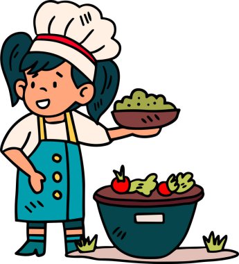 Şef şapkası ve önlüğü takan genç bir kız elinde bir kase yiyecek tutuyor. Bir çöp kutusunun önünde duruyor.