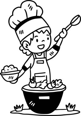 Bir çizgi film şefi tencerede yemek pişiriyor. Şef önlük ve şapka takıyor.