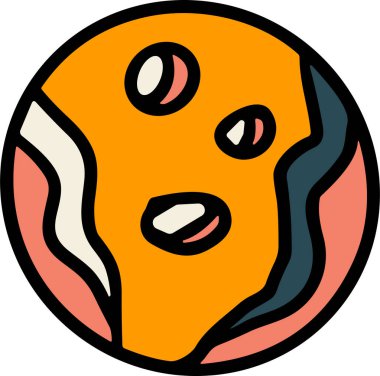 Bir gezegenin siyah beyaz çizimi. Çember bir sürü noktayla çevrili.