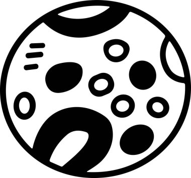 Bir gezegenin siyah beyaz çizimi. Çember bir sürü noktayla çevrili.