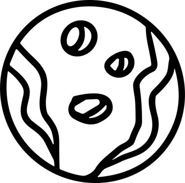 Bir gezegenin siyah beyaz çizimi. Çember bir sürü noktayla çevrili.