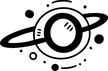 Ortasında daire olan bir gezegenin siyah beyaz çizimi. Çember bir sürü noktayla çevrili.