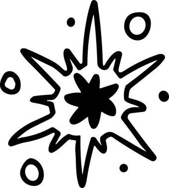 Merkezinde siyah nokta olan bir yıldızın siyah beyaz çizimi. Yıldız çok stilize bir şekilde çizilmiş, merkezde çok fazla detay ve vurgu var.