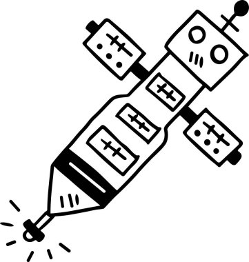 Bir uydunun siyah beyaz çizimi. Uydu bir tripodun üzerinde ve siyah-beyaz bir renk şeması var.