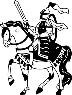 At sırtında bir şövalye elinde bir kılıçla at sürüyor. Şövalye bir zırh giyiyor ve atın kuyruğuna bir bayrak bağlanmış. Macera ve cesaret kavramı