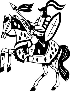 At sırtında bir şövalye elinde bir kalkanla at sürüyor. Şövalye bir kask ve zırh giyiyor. At beyaz renktedir.
