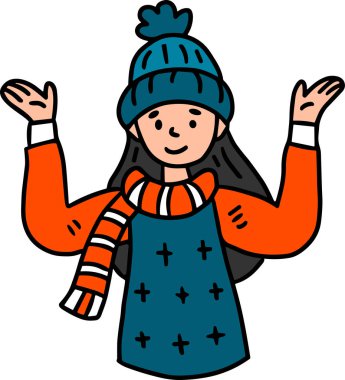 Şapka ve kazak giyen bir kız gülümsüyor. Kollarını yana doğru uzatıyor.