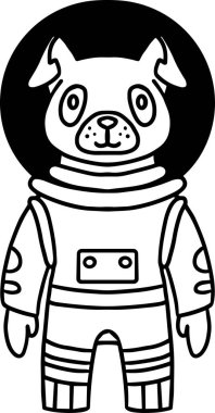 Uzay giysisi içindeki bir köpek. Köpek uzay elbisesi giyiyor ve siyah beyaz bir çizimin içinde duruyor.