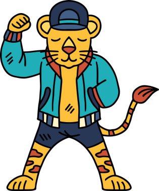 Bir çizgi film karakteri ceket ve pantolon giyiyor ve yumruğunu havaya kaldırıyor. Karakter gülümsüyor ve mutlu.