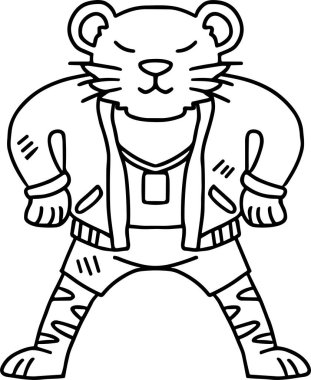 Bir çizgi film karakteri ceket ve pantolon giyiyor ve yumruğunu havaya kaldırıyor. Karakter gülümsüyor ve mutlu.