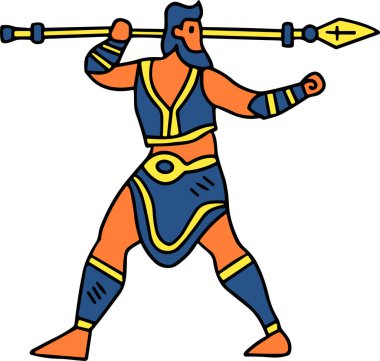 Kostüm giymiş bir adam mızrak tutuyor ve dövüşmeye hazır. İmajın güçlü ve güçlü bir havası var.