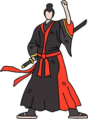 Kimonolu bir adam kılıç tutuyor. Kollarını kavuşturup başını dik tutuyor.