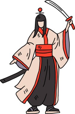 Kılıç tutan kimonolu bir adam. Güç ve güç kavramı. Geleneksel Japon kıyafetleri giymiş ve elinde bir silah tutuyor. Siyah ve beyaz renk şeması klasiğe ekleniyor