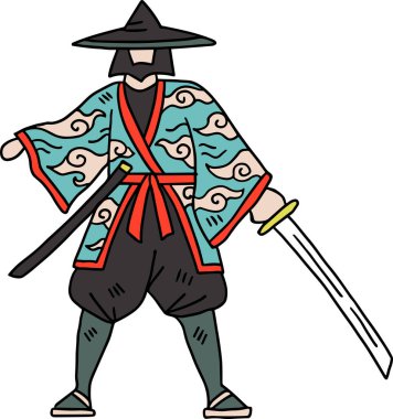 Kimonolu bir adam kılıç tutuyor. Geleneksel Japon kıyafetleri giyiyor ve savaşa hazır.