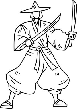 Samuray kostümlü bir adam iki kılıç tutuyor.