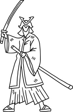 Kimonolu bir adam kılıç tutuyor. Kollarını kavuşturup başını dik tutuyor.