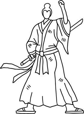 Kimonolu bir adam kılıç tutuyor. Kollarını kavuşturup başını dik tutuyor.