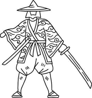 Kimonolu bir adam kılıç tutuyor. Geleneksel Japon kıyafetleri giyiyor ve savaşa hazır.