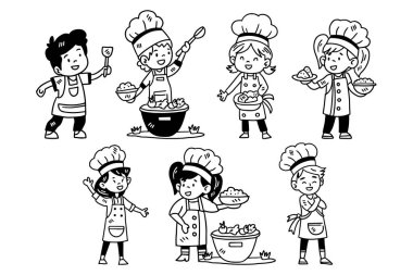 Şefler gibi giyinmiş bir grup çocuk çeşitli pozlarda, ellerinde kaseler ve kaşıklarla gösteriliyor. Çocuklar aşçı kıyafeti giydiği için eğlence ve oyun anlayışı.