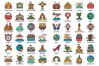 Uçaklar, tekneler ve binalar da dahil olmak üzere seyahat ikonlarının bir koleksiyonu. Simgeler bir ızgarada sıralanır ve hepsi farklı renklerdedir