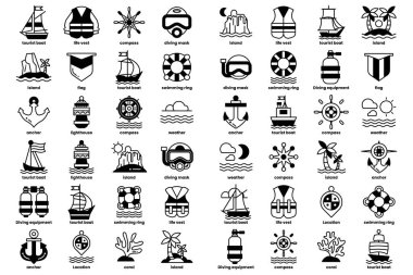 Çeşitli su sporları ve aktiviteleri için bir ikon koleksiyonu. Simgeler arasında tekneler, sörf tahtaları ve can yelekleri yer alıyor.