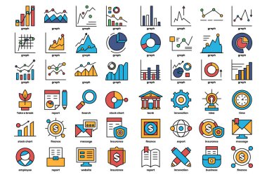 Renkli simgeler ve grafikler koleksiyonu. Bir saat, bir dolar işareti ve bir kitap da dahil.