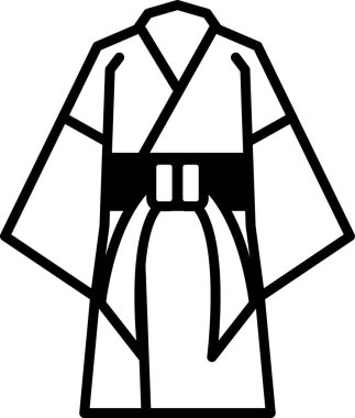 Siyah beyaz bir kimono çizimi. Kimono geleneksel bir Japon giysisi ve onu giyen bir kadının resmi. Kimono uzun ve dalgalı, belinde bir kemer var.