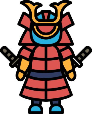 Elinde iki kılıç tutan bir samuray savaşçısı resmi. Samuray zorlu bir savaşçı olarak tasvir edildiği için güç ve güç kavramı. Siyah ve beyazın kullanımı zamansıza eklenir