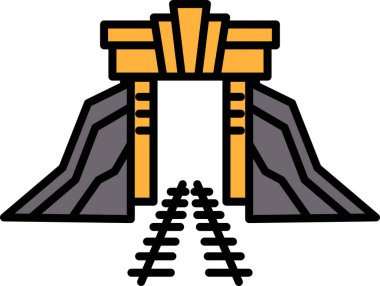 İçinde tren yolu olan siyah beyaz bir tünel çizimi. Tünel kayalarla çevrili ve bir tarafında kaydırak var. Sahne maceralı ve heyecan verici.