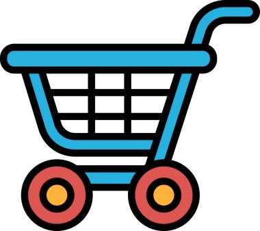 Kırmızı tekerlekleri olan mavi bir alışveriş arabası