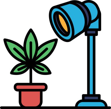 Lambanın yanındaki tencerede bir bitki oturuyor. Bitki küçük, yeşil yapraklı bir bitki.