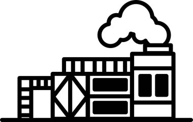 Yanı başında bir ev olan bir fabrikanın siyah beyaz çizimi.