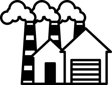 Yanı başında bir ev olan bir fabrikanın siyah beyaz çizimi.