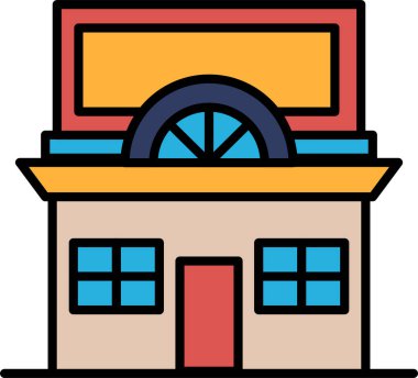 Geniş bir kemer yolu ve birçok penceresi olan büyük bir bina. Bina siyah beyaz.