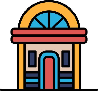 Büyük kemerli bir binanın siyah beyaz çizimi. Binanın önünde bir pencere ve kaldırımda saksı bitkisi var.