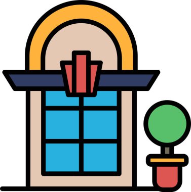 Büyük kemerli bir binanın siyah beyaz çizimi. Binanın önünde bir pencere ve kaldırımda saksı bitkisi var.