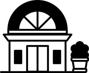 Büyük kemerli bir binanın siyah beyaz çizimi. Binanın önünde bir pencere ve kaldırımda saksı bitkisi var.