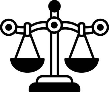 Her iki tarafında iki eşit ağırlıkta bir terazinin siyah beyaz çizimi. Terazi dengeli, adalet ve adaleti simgeliyor.
