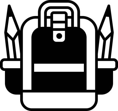 Üzerinde bir kalem ve makas olan siyah bir sırt çantası. Sırt çantası okul malzemelerini tutmak için tasarlandı.
