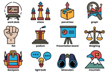 Resim, bir sırt çantası, bir el, bir kutu, bir satranç taşı, bir mikrofon, bir sunum tahtası, bir kutu, bir kutu, bir kutu, bir kutu, bir kutu, bir kutu, bir kutu, bir kutu gibi çeşitli sembol ve simgelerden oluşan bir koleksiyondur.,
