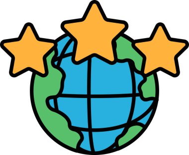 Üzerinde üç yıldız olan bir karikatür çizimi. Küre yeşil ve mavi, yıldızlar da sarı. Çizim bir başarı ve başarı hissi veriyor.