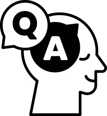 Üzerinde soru-cevap yazılı bir adam kafası. Adam gülümsüyor. Görüntü mizahi ve neşeli olmalı.