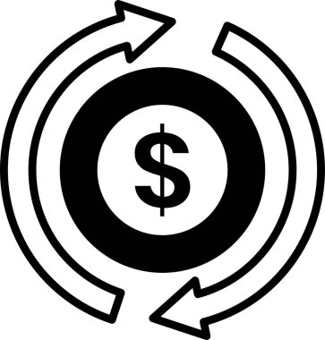 Etrafında oklar olan siyah beyaz bir dolar işareti. Dolar işareti farklı yönleri gösteren oklarla çevrili bir daire ile çevrilidir. Paranın döngüsel olduğu kavramı