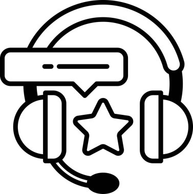 Bir yıldız ve konuşma baloncuklu bir kulaklığın siyah beyaz görüntüsü. Konuşma balonu 