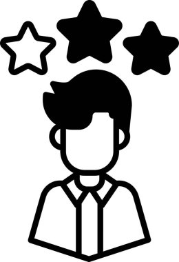 Başının üstünde üç yıldız olan bir adam. Adam kravat ve gömlek giyiyor.