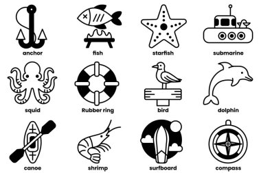 Sıraya dizilmiş balıkçılık ve kamp ikonları.