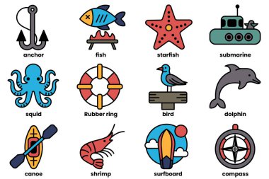 Sıraya dizilmiş balıkçılık ve kamp ikonları.