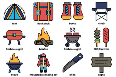 Sıraya dizilmiş balıkçılık ve kamp ikonları.